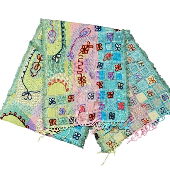 Vintage Asian Eye Wool Art to Wear Colorful Boho  Goblincore Scarf - Picture 2 of 7